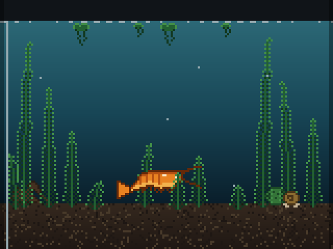 Steve, a pixel-art shrimp, in his tank with plants and bubbles